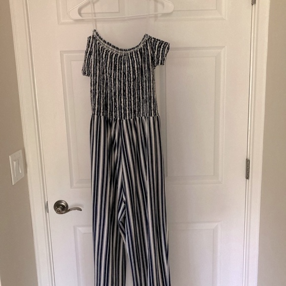 J for Justify Black & White Striped Off-Shoulder Jumpsuit